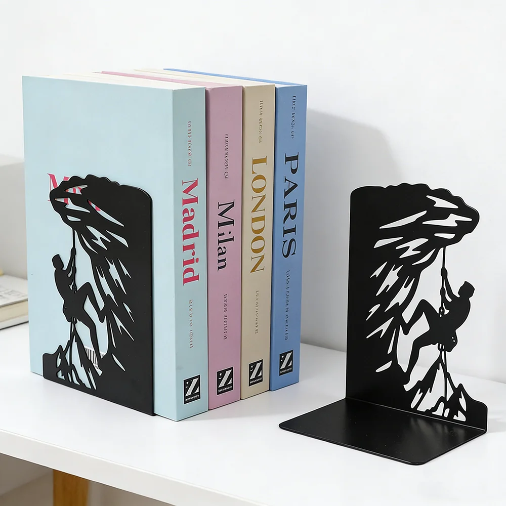 Extreme sports climbing mountain shaped iron heavy-duty bookshelf, decorative book stopper with anti slip base, cool and unique