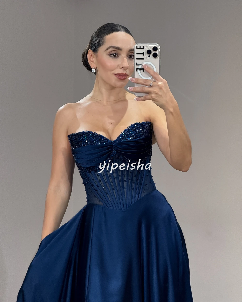 Sukienki na zamówienie wysokiej jakości, klasyczne, z dżerseju, zdobione koralikami, plisowane, o prostym kroju, z odkrytymi ramionami, długie, sukienki na specjalne okazje, moda.