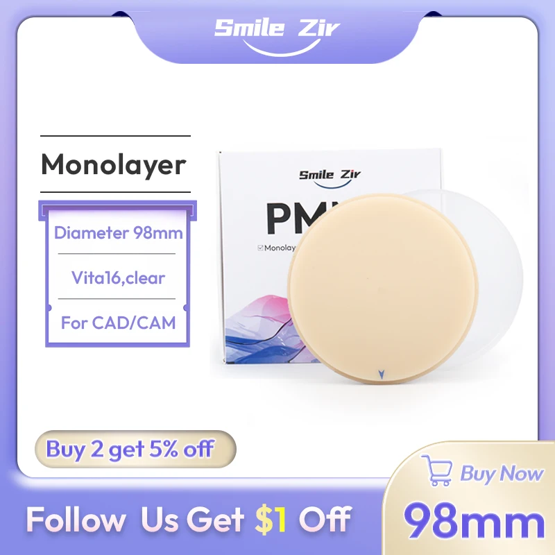 

smile_zir Dental Monolayer PMMA Blocks Disc Clear Color 98mm CAD/ CAM System VITA 16 Shades For Dental Lab dentistry Materials