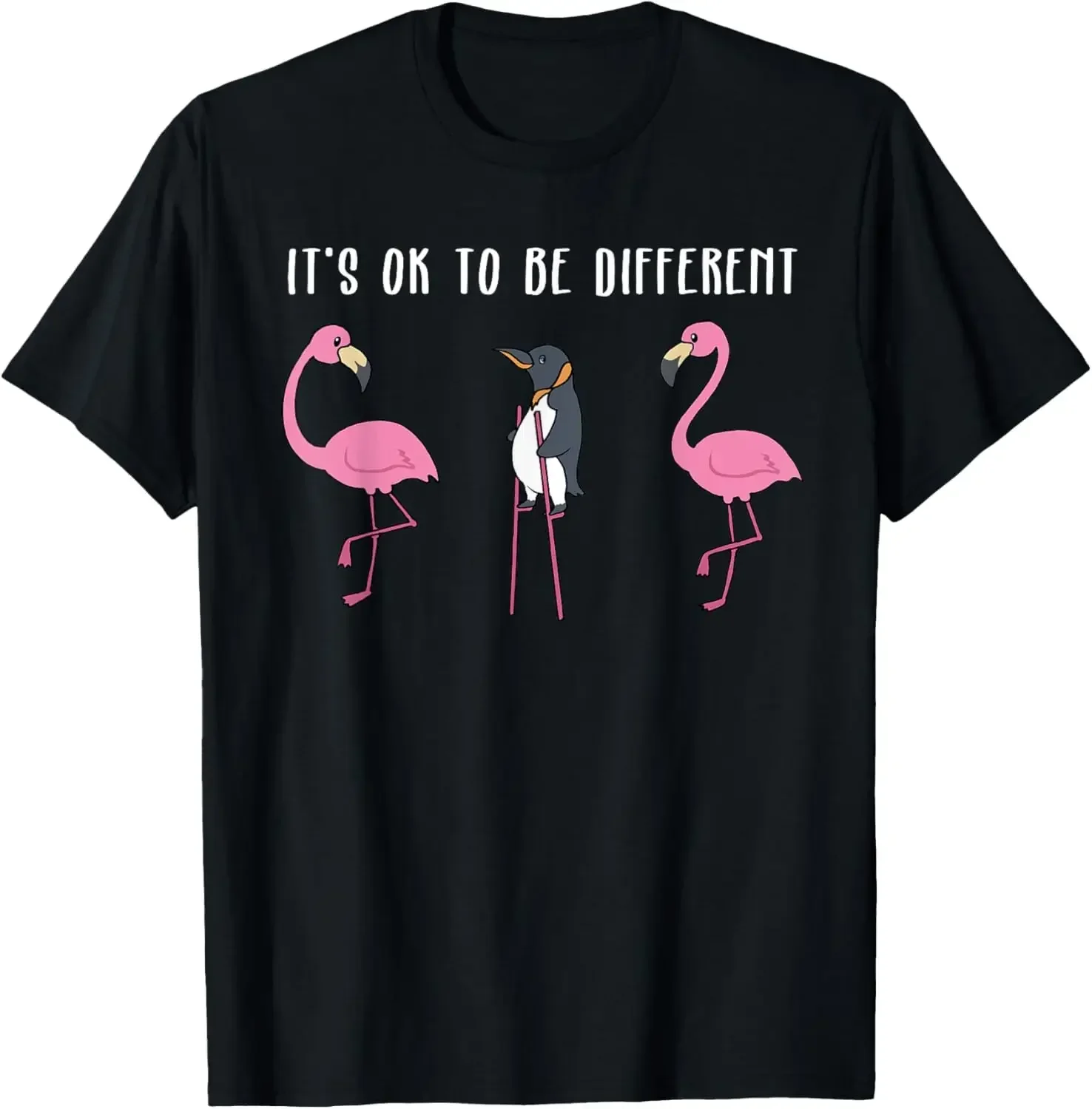 

Flamingo Penguin Stilt Walking Funny Graphic T Shirt Men's Cotton Short Sleeve Crewneck T-shirt