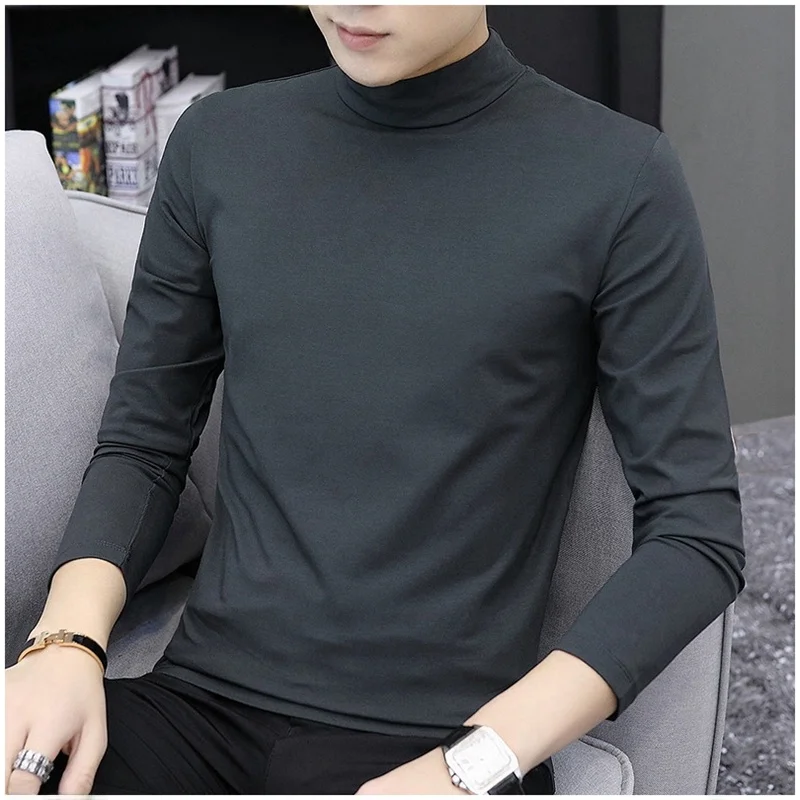 Modal Men's Long Sve T-irt Spring Autumn Fce f High Collar Base irt Color Inner Warm Top Men Winter
