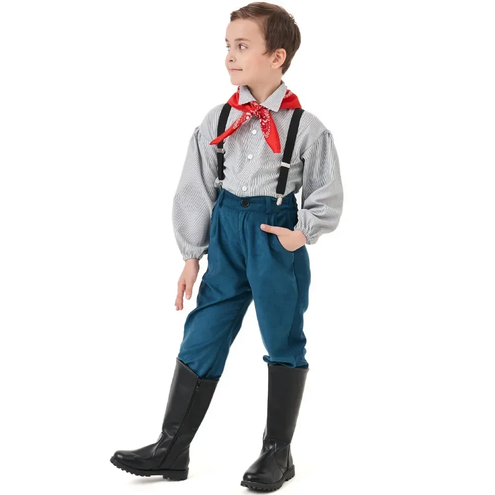 Vitoriano colonial aldeia fazenda pradaria pioneiro traje para crianças meninos alpes suspensórios cosplay festa de carnaval