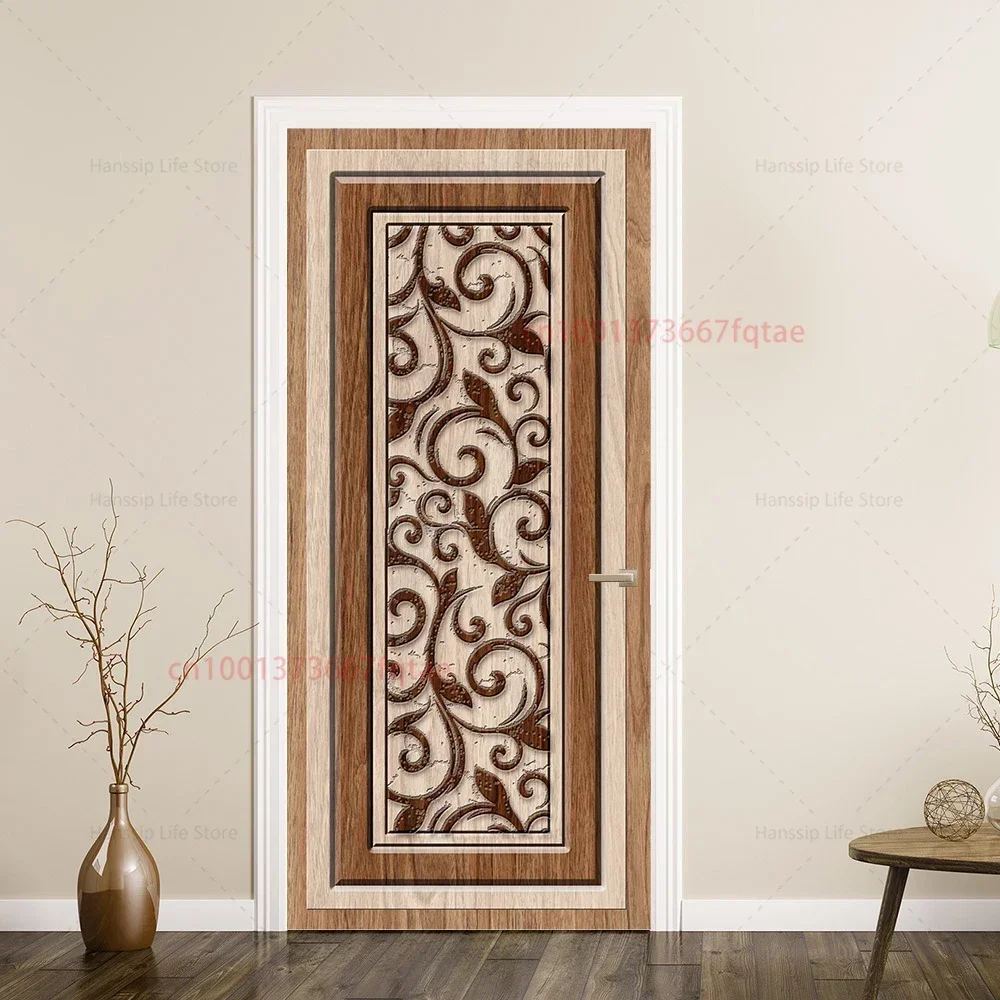 Retro Wood Design Printed Door Wrap Stickers Makeover Self-adhesive 3D Realistic Vintage Wooden Full Door Cover Decals Wallpaper