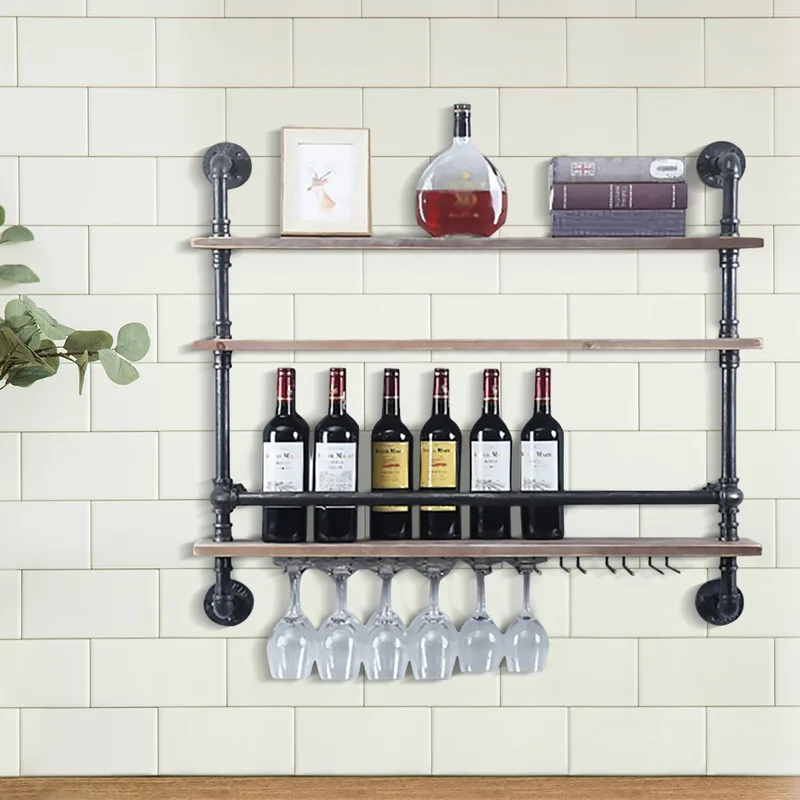 36in 3-Layers Industrial Style Wall Mounted Wine Rack Rustic Glass Holder Floating Bar Shelves