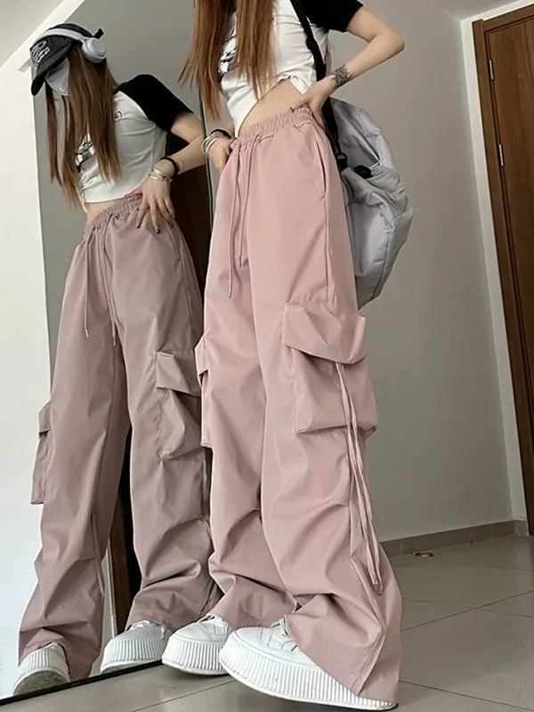 

2025 New Pink Work Pants Women's Spring Summer Large Size Loose Design Casual Wide Leg Pants High Waist Long Polyester Fiber