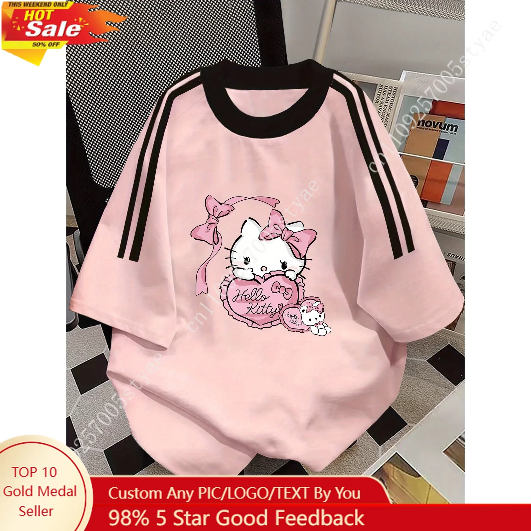 

Sanrio Hello Kitty Heart Print American Vintage 2026 Summer Fun Cartoon Abstract Short Sleeve T-Shirt for Women