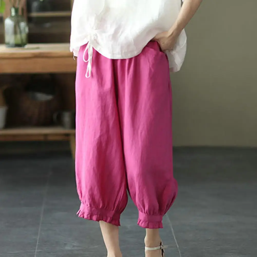 

Women Casual Trousers Soft Breathable Women's Harem Pants Elastic Waist Loose Fit Mid-calf Length with Pockets Retro for Summer