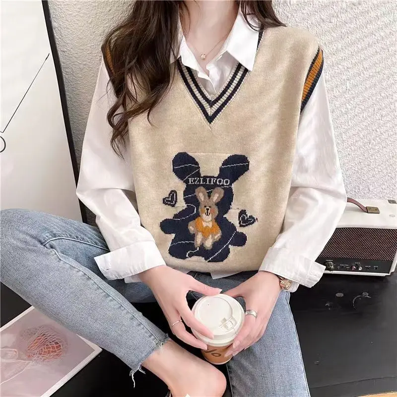 2023 New Fashion Knitted Vest Shirt Two Piece Set Spring and Autumn Versatile Korean Loose Knitted Vest Trend