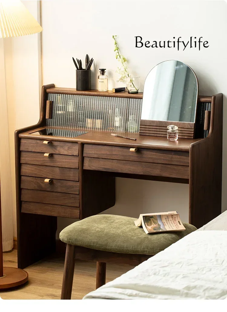 

x11North America Black Walnut Wooden Dressing Table Light Luxury Log Girl Makeup Table Removable Glass Makeup