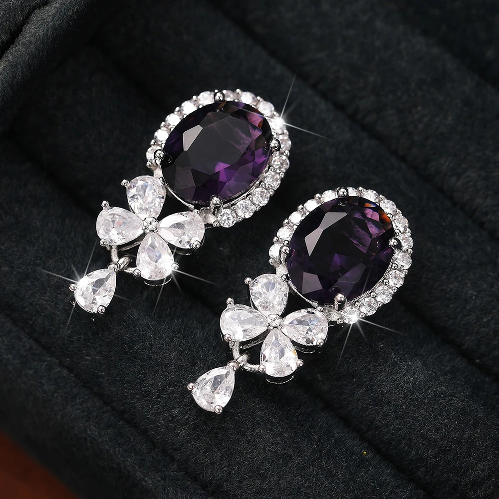 Huitan Gorgeous Purple Cubic Zirconia Dangle Earrings for Women Exquisite Birthday Gift Fashion Accessory Wedding Party Jewelry