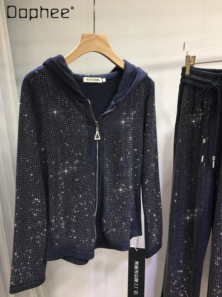 

European Heavy Industry Rhinestone Luxury Two-Piece Set for Women Rhinestone Hooded Zipper Jacket + Pants Autumn Winter