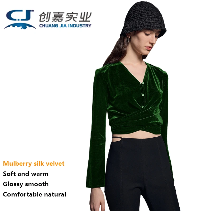 Silk Velvet Women's V-neck Shirt  Short Fashion Top Temperament Elegant Outdoor Youth Fashion Women Wear
