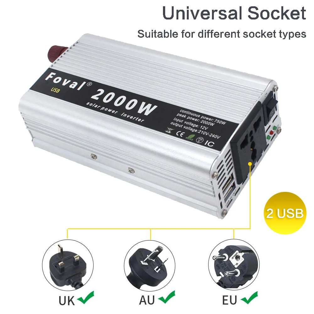 DC12V TO AC220V Inverter 2000W Peak Power Converter 50Hz/60Hz Universal Socket Dual USB Port Solor Car Inverter RV Outdoor USE
