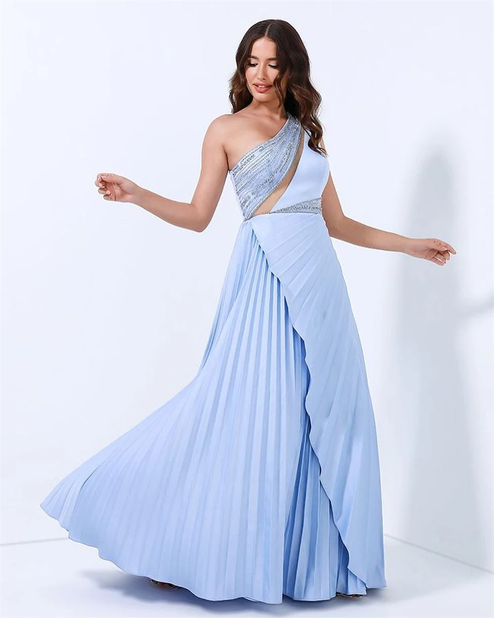 Customized Saudi Arabia  Evening Jersey Draped Pleat Beading Wedding Party A-line One-shoulder Bespoke Occasion Gown Long Dresse