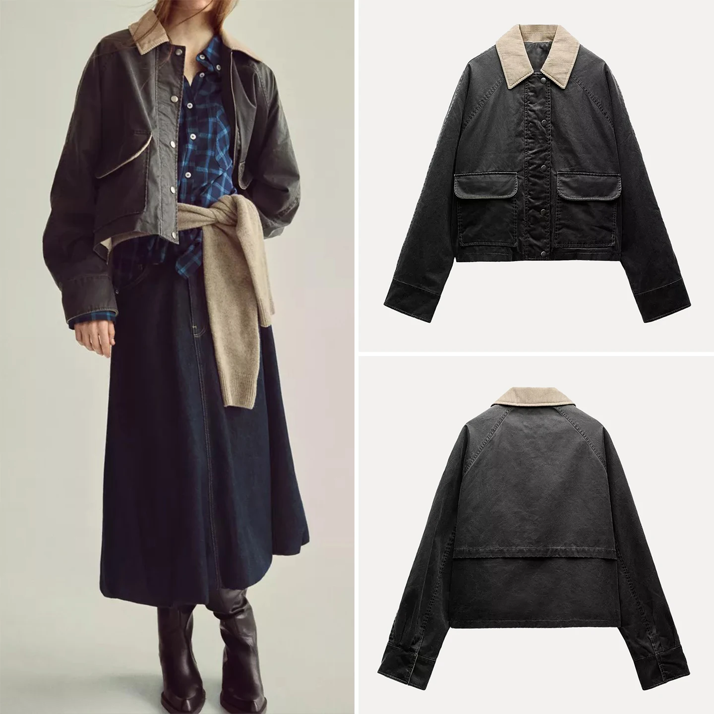 

Fall 2025 Women's Casual Sle Thin Cotton Jaet kets Splicing Design Long Sve Flip Collar Coat Regular Thin
