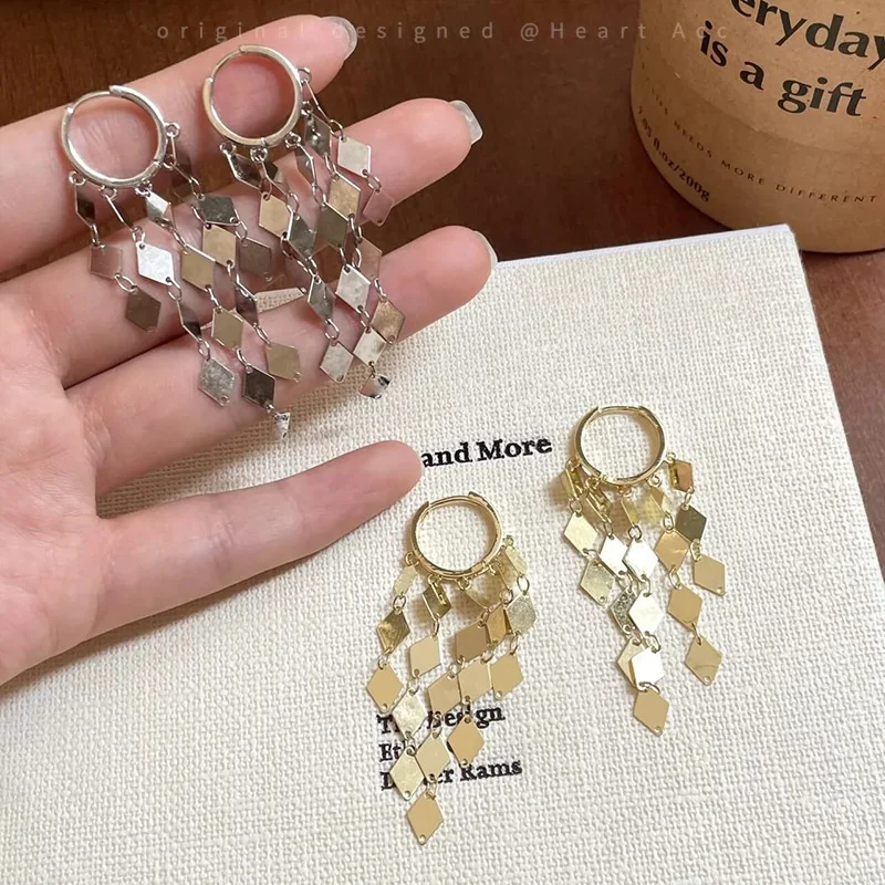 Shining Gold Color Metal Sheet Tassel Pendant Earrings Creative Geometric Rhombic Waterfall Hoop Earrings Jewelry Gifts