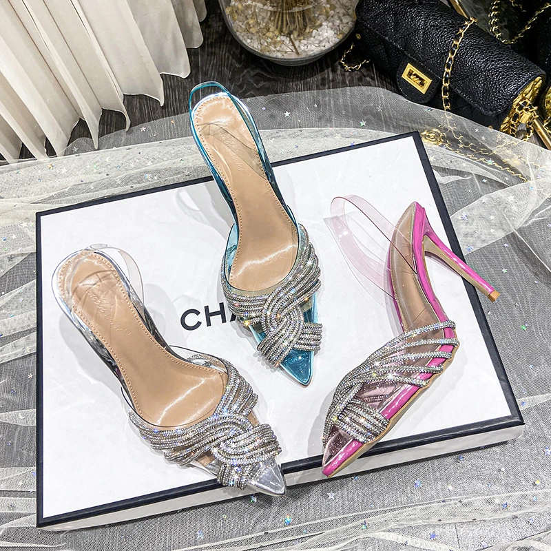 

2025 Summer New Transparent Cross Water Diamond Sparkling Pointed Fine Heel Sexy Wedding Shoes Baotou High Heel Sandals