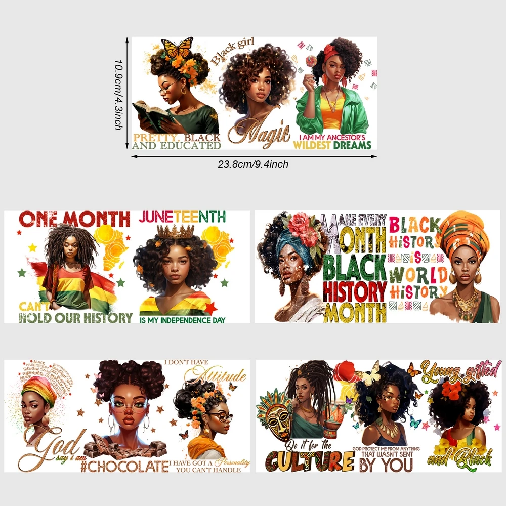 5 sheets black woman UV DTF cup stickers, glass sports DTF transfer stickers, waterproof wipe transfer paper for 16 oz glass