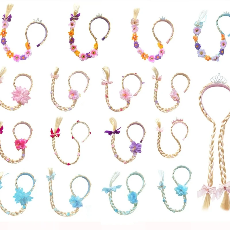 Girls Floral Princess Headband Hand‑Woven Long Braid Wig Hairband Kids Fairy Dress‑up Headwear for Halloween Cosplay Parties