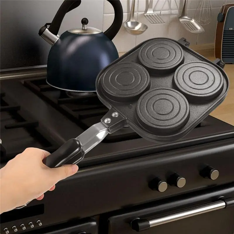 LLCS-Wheel Pie Grill Pan Double Sided Pancake Pan Burgers Multi-Hole Egg Frying Pan Nonstick Egg Pan 1Set