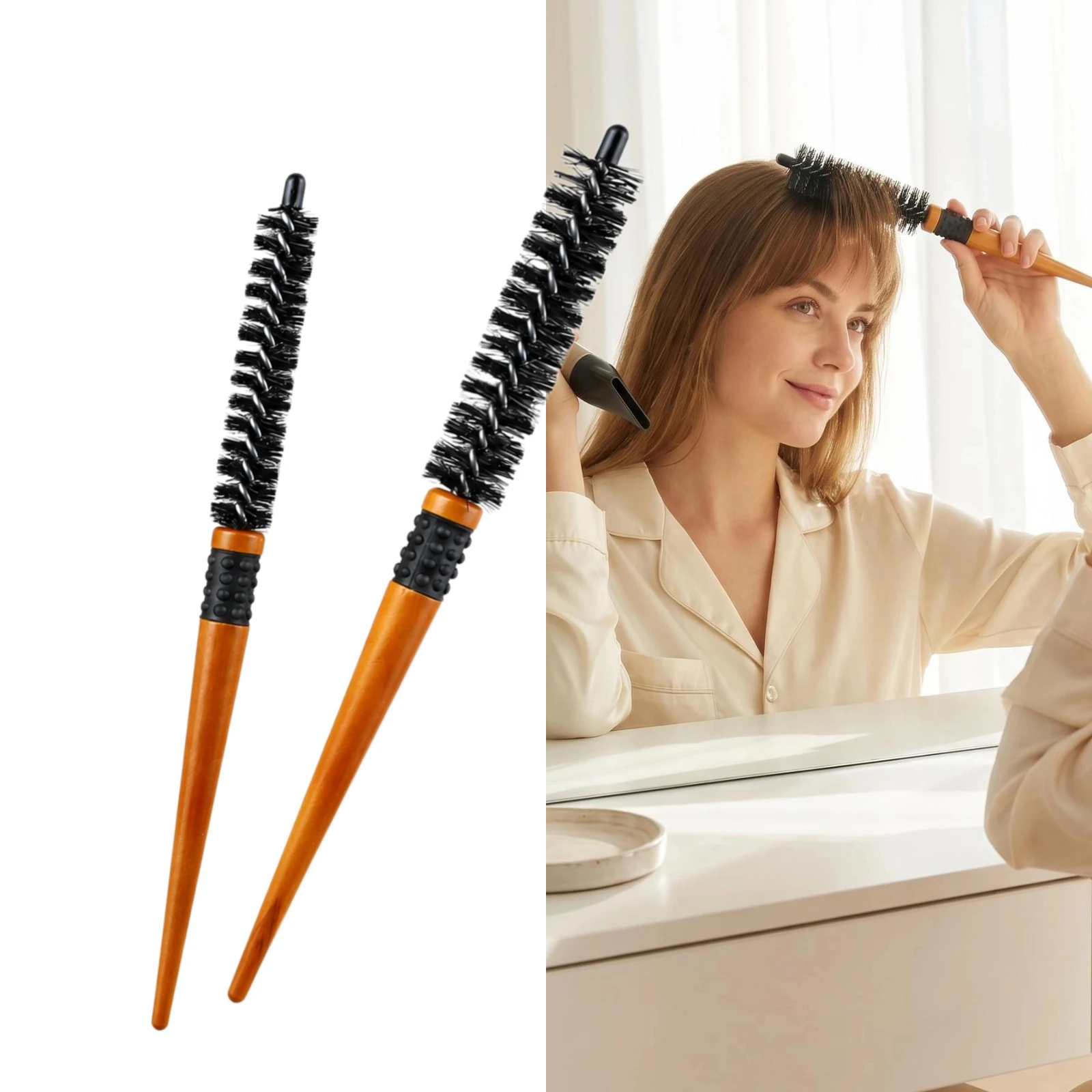 3-teiliges Friseur-Bürsten-Set: Holz-Toupetkamm, Bürste mit Borsten zum Entwirren, Mini-Twist-Rundbürste für Lockenstyling – Detail 11