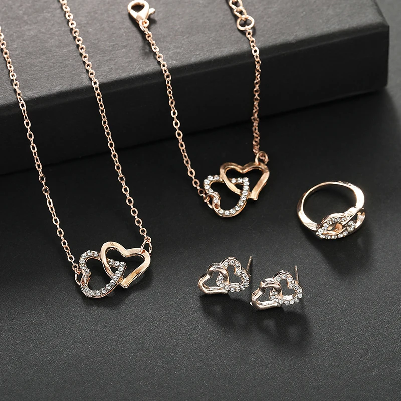 4Pcs Fashion Romantic Double Heart Interlocking Clavicle Chain Earrings Bracelet Rings For Women Girls Exquisite Jewelry Set