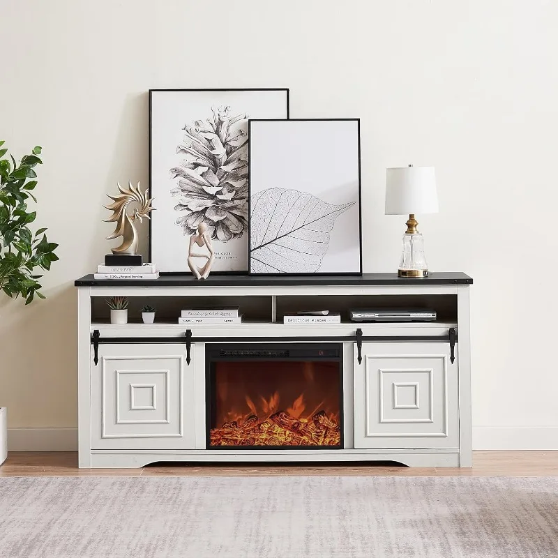 TV Stand with Fireplace, Farmhouse Entertainment Center with Storage & 23