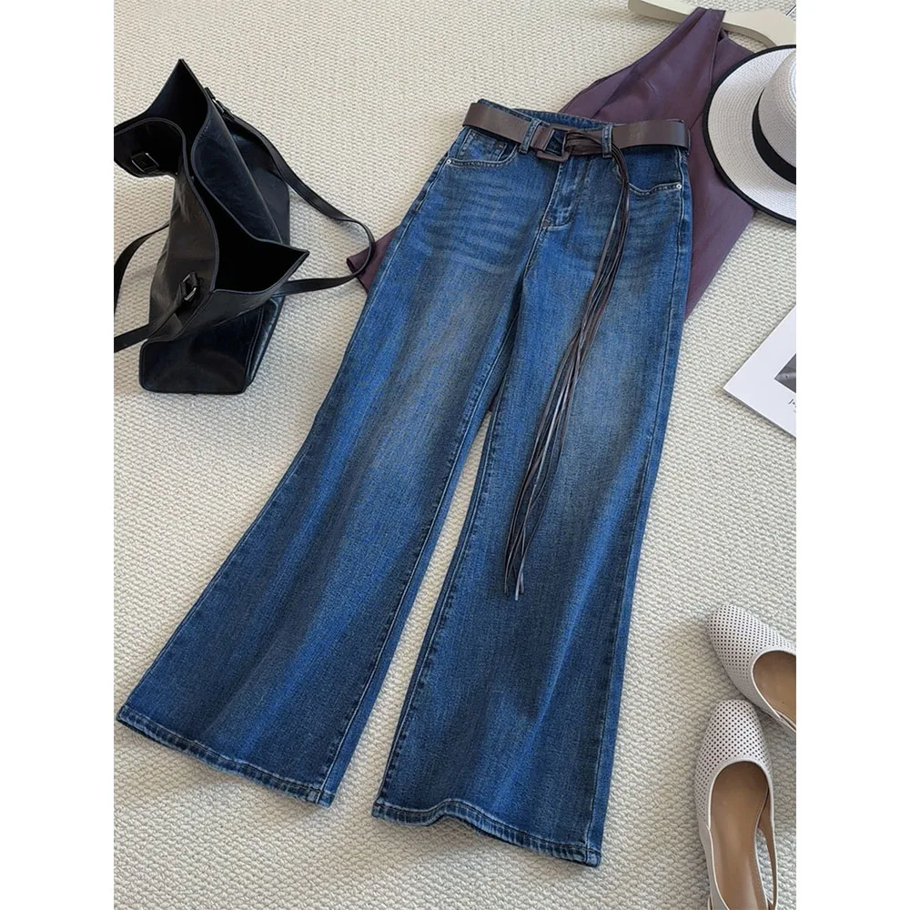 

Women's Deep Blue Denim Pants High Waist Soft Leisure Flare Jeans With Tassel Belt Female Fashion Spring Summer Trousers