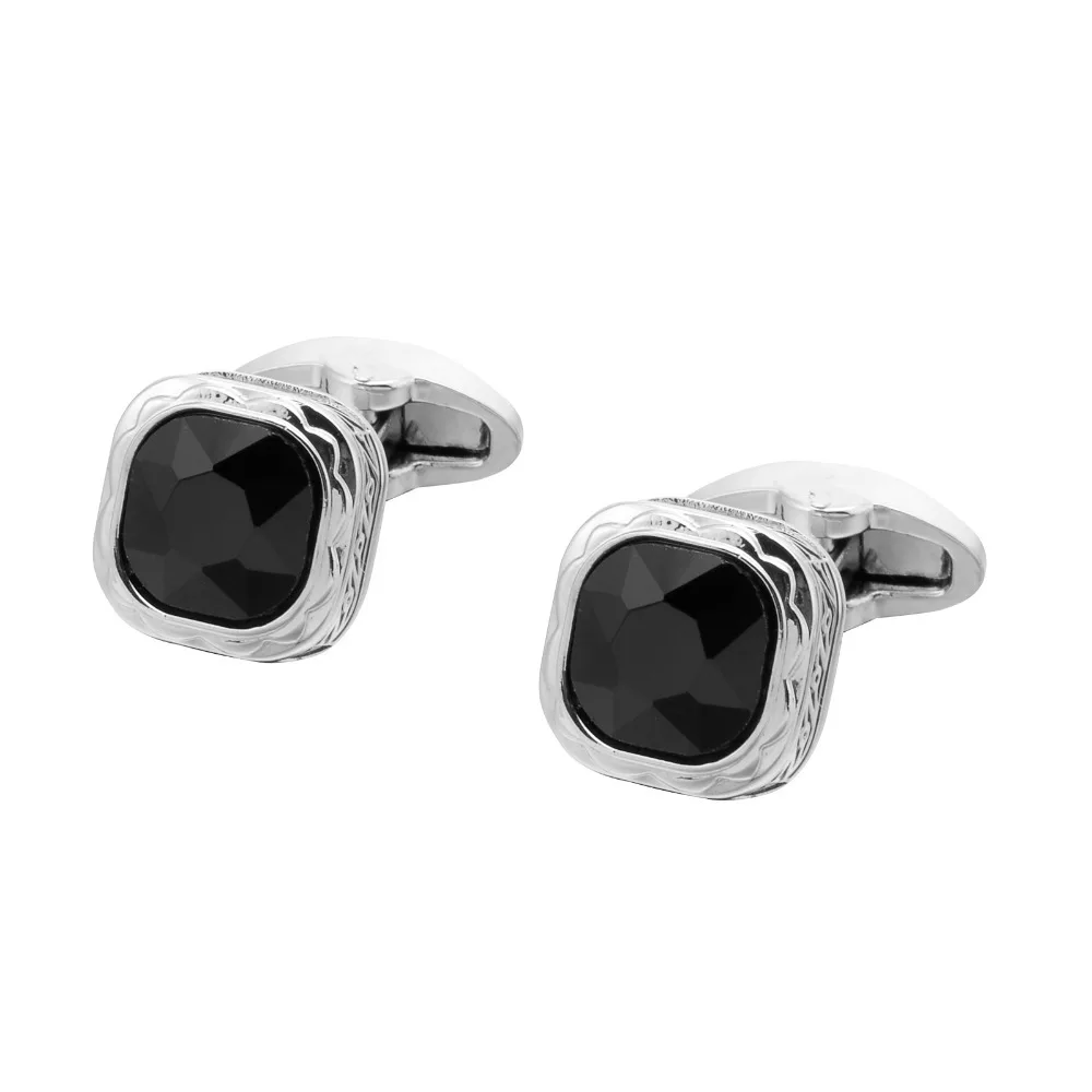 Black Gemstone French Cufflinks with Silver Pattern Edge Classic Business Shirt Accessories for Men