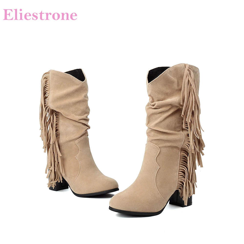 

2025 New Winter Mature Apricot Brown Women Mid Calf Boots Tassel High Sqaure Heel Lady Shoes Plus Big Size 12 44 46 48