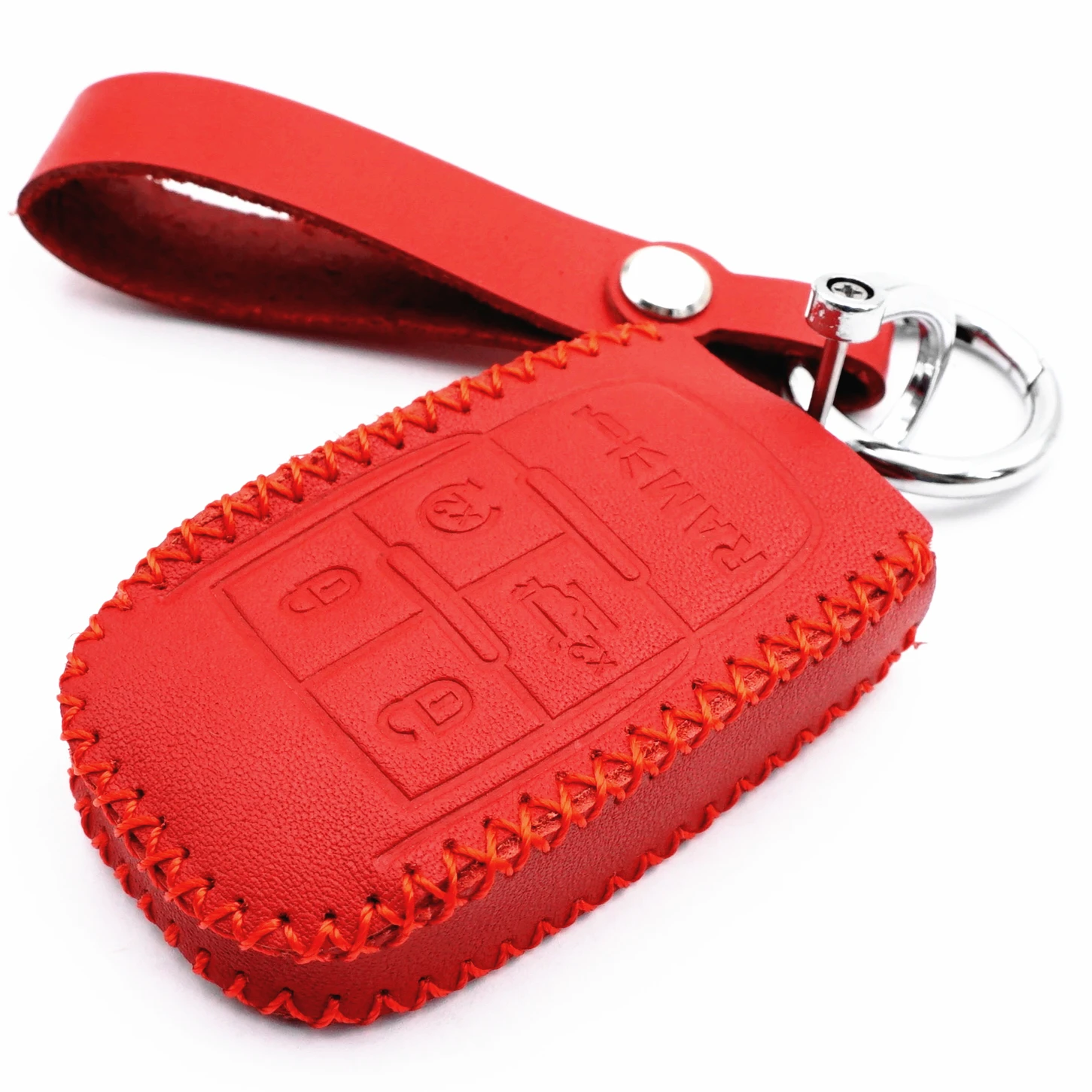 WFMJ Red Leather for 2019 2020 2021 2022 Dodge Ram 2500 3500 4500 5500 Smart 5 Buttons Key Case Cover Fob Chain (Red stitch)