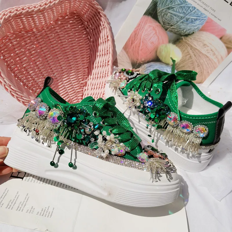 Colorful Rhinestones Women Platform Sneakers 2022 Green Canvas Bling Crystal Bridal Wedding Shoes Tassel Casual Vulcanized Shoes