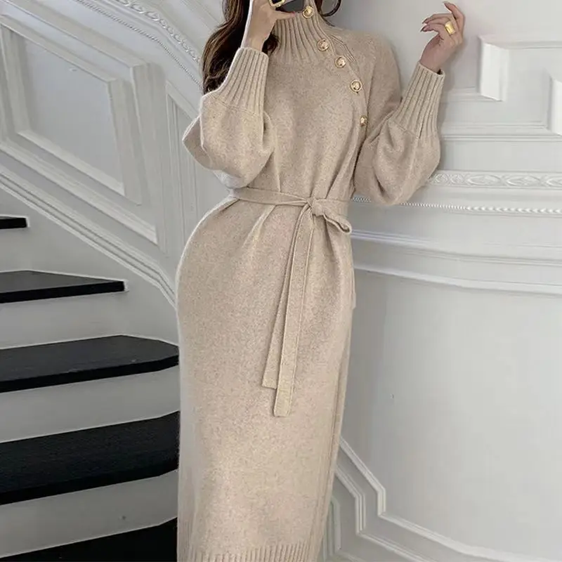 Autumn and winter pullover new style French temperament paired sweater inside long over the knee bottom knit dress women