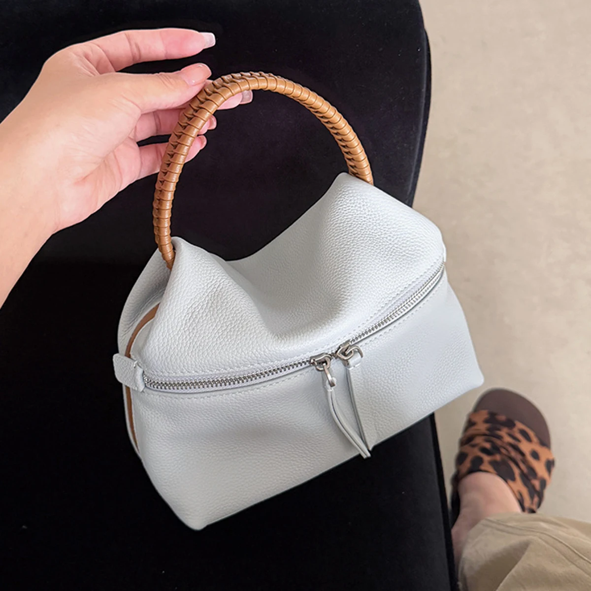 Korean version Soft Genuine Leather Lunch Box Bag Niche Design Woven Handle Handbag Fashion Women Casual Versatile Shoulder Bag