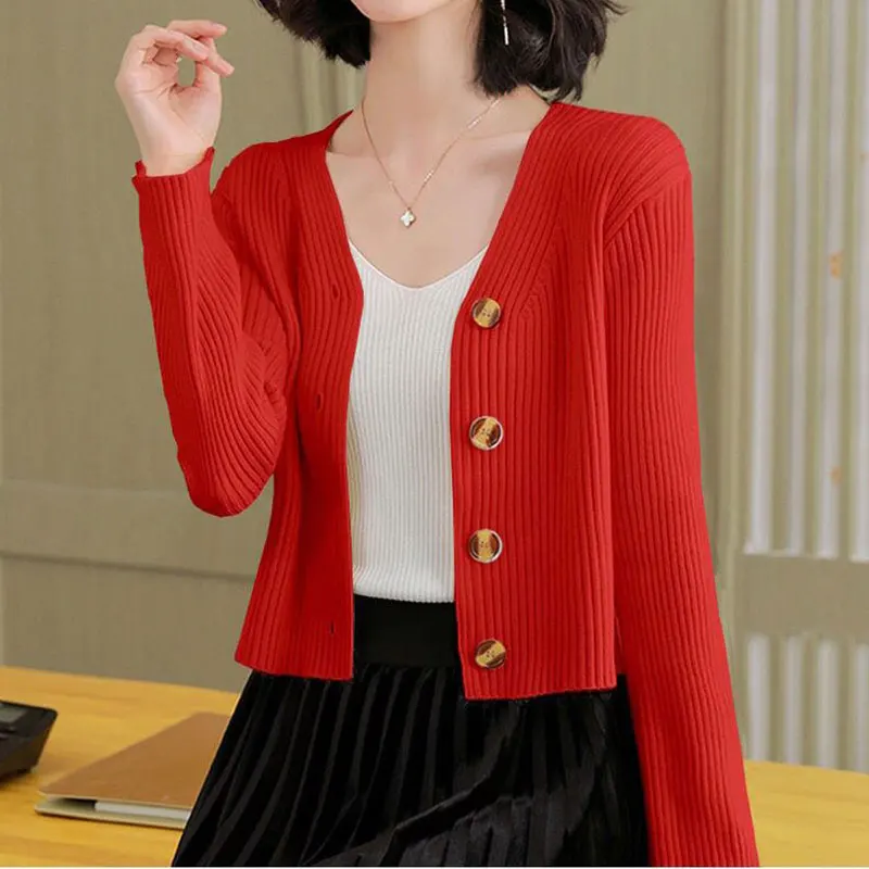 Women's Monochromatic V-Neck Long Sleeve Knitwear, Elegant Slim Tops, Casual Clothes, Office Lady, Simplicity, Autumn Fashion