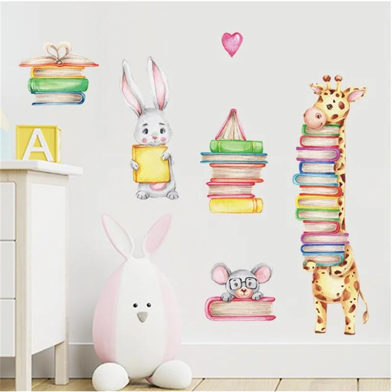 Giraffe Kaninchen mit Buch Wandaufkleber Kinderzimmer Dekor Kinder Lesezimmer Dekoration Student Bibliothek Aufkleber Klassenzimmer Wandbild Poster – Detail 5