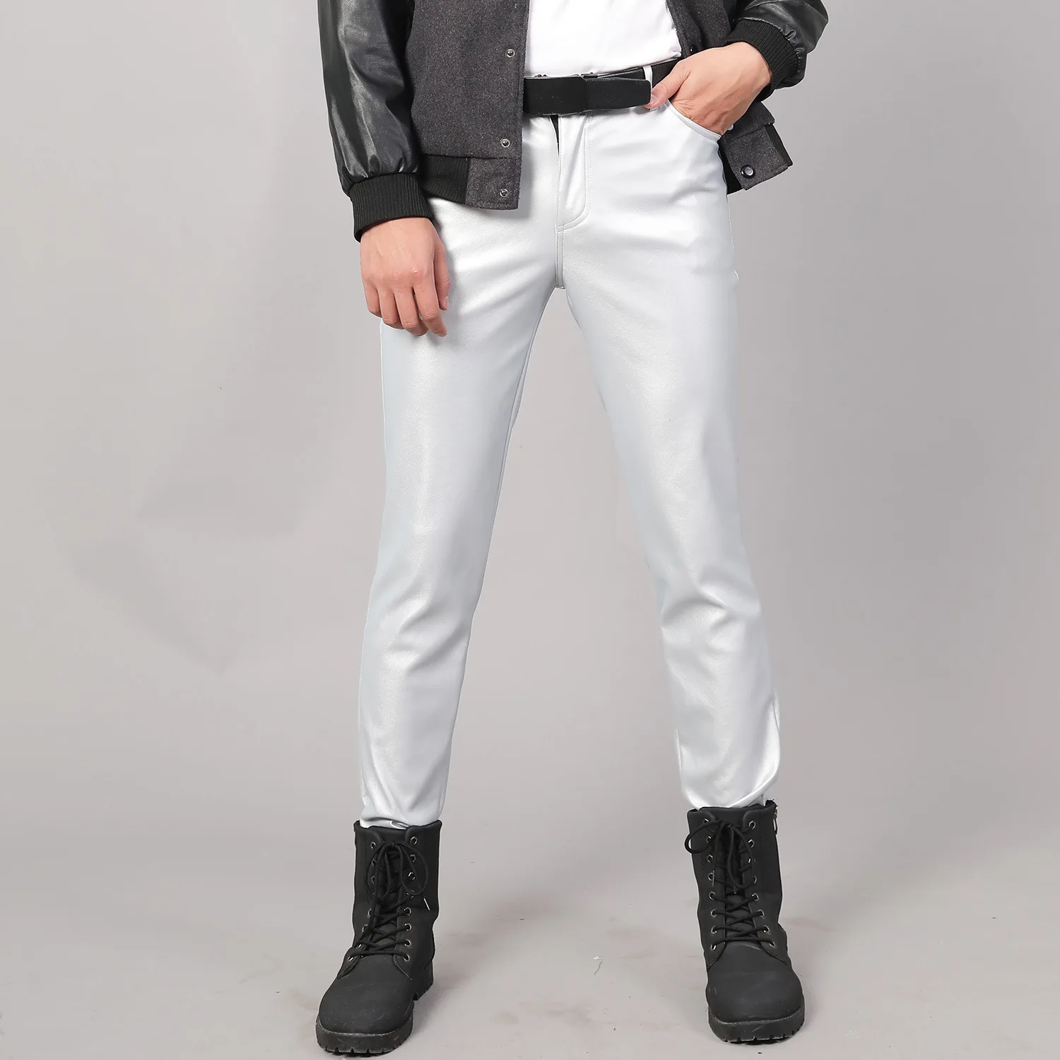 Spring Summer Moto Skinny Elastic Faux Leather Pants Men Black Gold White Thin PU Leather Trousers Brand Men Clothing 28-38 40