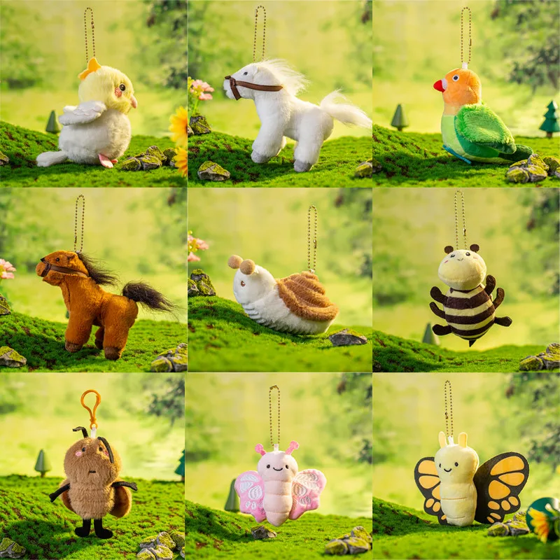 Neue Tier- und Insekten-Plüschanhänger, Papageien, Schmetterlinge, Bienen, Pferde, Kakerlaken, Schnecken, Plüschtier, Rucksack-Anhänger, Kinderspielzeug