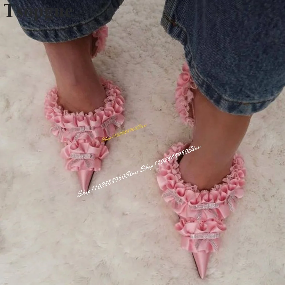 Sandalias de tacón alto fino con volantes Para mujer, Zapatos de punta estrecha con correa trasera, con decoración de lazo, color rosa, 2024