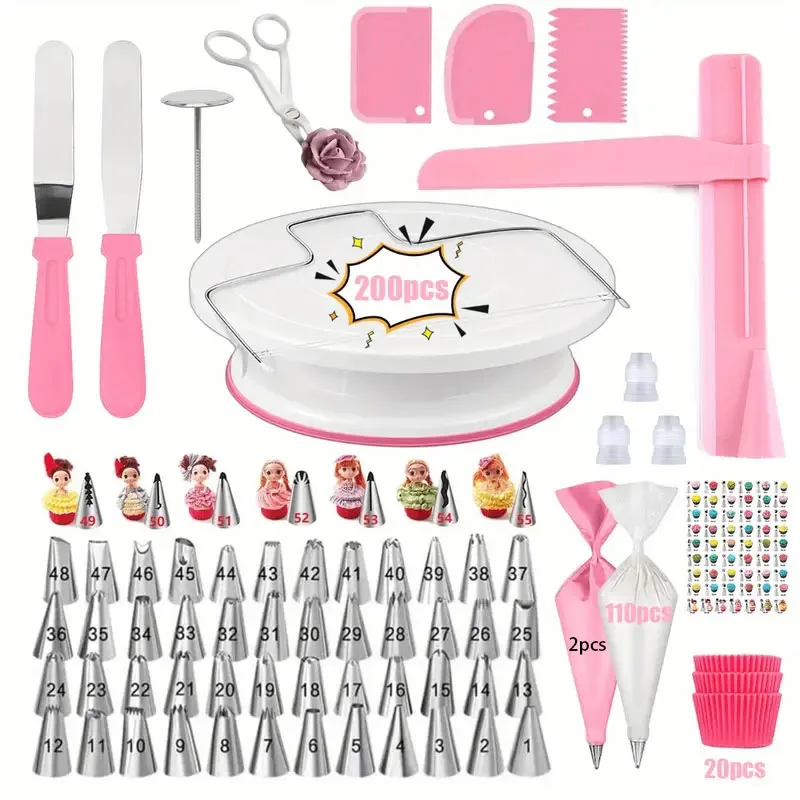 200PCS Ultimate Cake Turntable Decorating Nozzle Kit-55 Piping Tips,Turntable&Complete Tools - Professional DIY Baking Tools Set