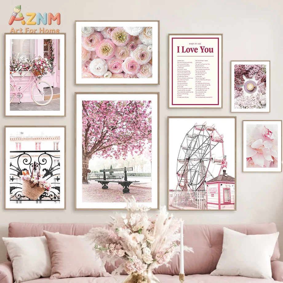 AZNM Pink Cherry Blossom Ferris Wheel Floral Canvas Poster, Frameless Romantic Sweet Scenery Wall Art For Girls Bedroom Wedding