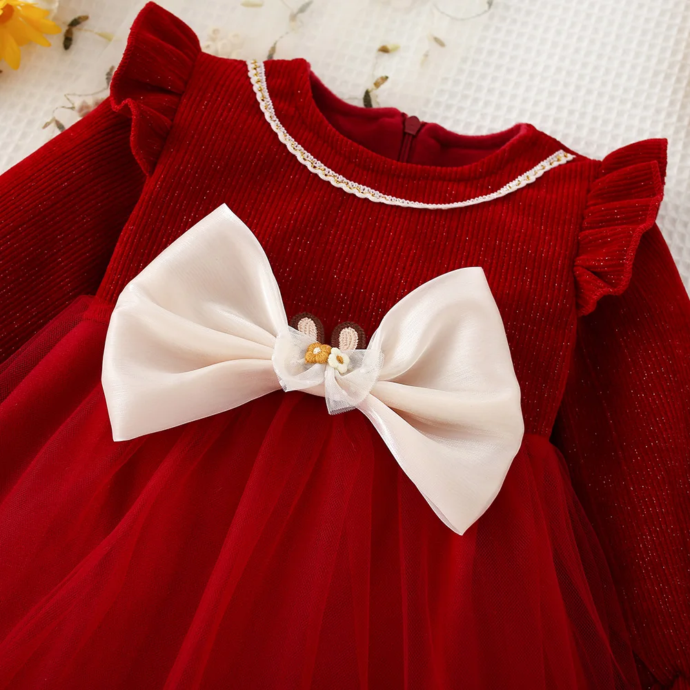 Winter Hard Ah Baby Girl Dress Sweet Princess Dress Bow Solid Color Small Flying Sleeve Trumpet Sleeve Net Yarn Dress