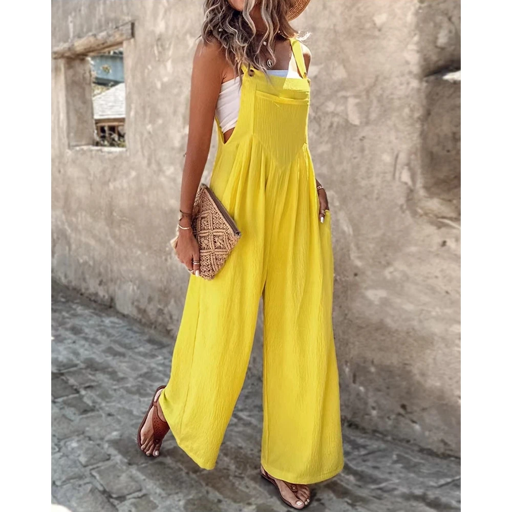 Women Adjustable Strap Pocket Design Outfit Solid Suspender Jumpsuits Summer Casual Ruched Wide Leg Jumpsuit Korean Clothing