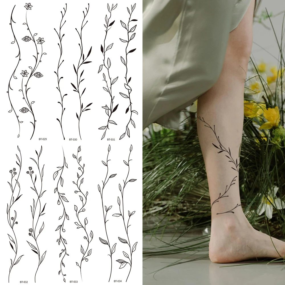 

6 шт., сексуальные линии, цветочные татуировки, простые черные стильные цветочные временные татуировки, талия, спина, ноги, боди-арт, водонепроницаемые татуировки