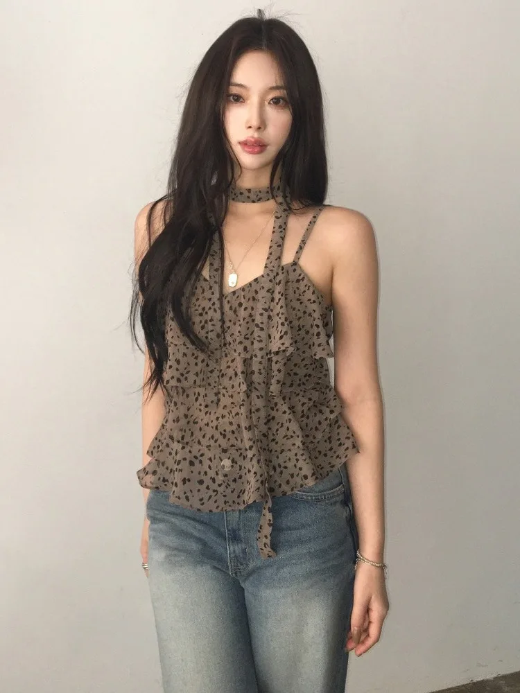 Top Corto Sexy con Estampado de Leopardo y Tirantes para Mujer, Ropa de Verano, Estilo Versátil con Cuello ter, Ideal para...