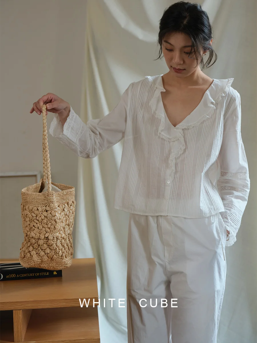 

Рубашка Whitecube Romantic с длинными рукавами из хлопка, женская весенняя блузка с V-образным вырезом, кружевной отделкой и ажурными манжетами, дышащая, прямого кроя