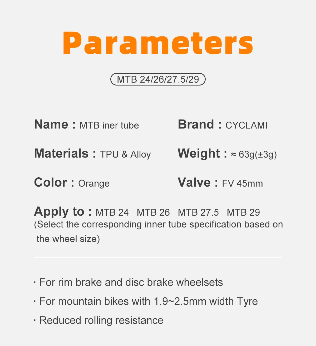 CYCLAMI Ultraleichter Fahrradschlauch 26 27,5 29 Zoll MTB Fahrrad TPU Material Reifen 45 mm französisches Ventil Superleicht Anti-Oxidation – Detail 3
