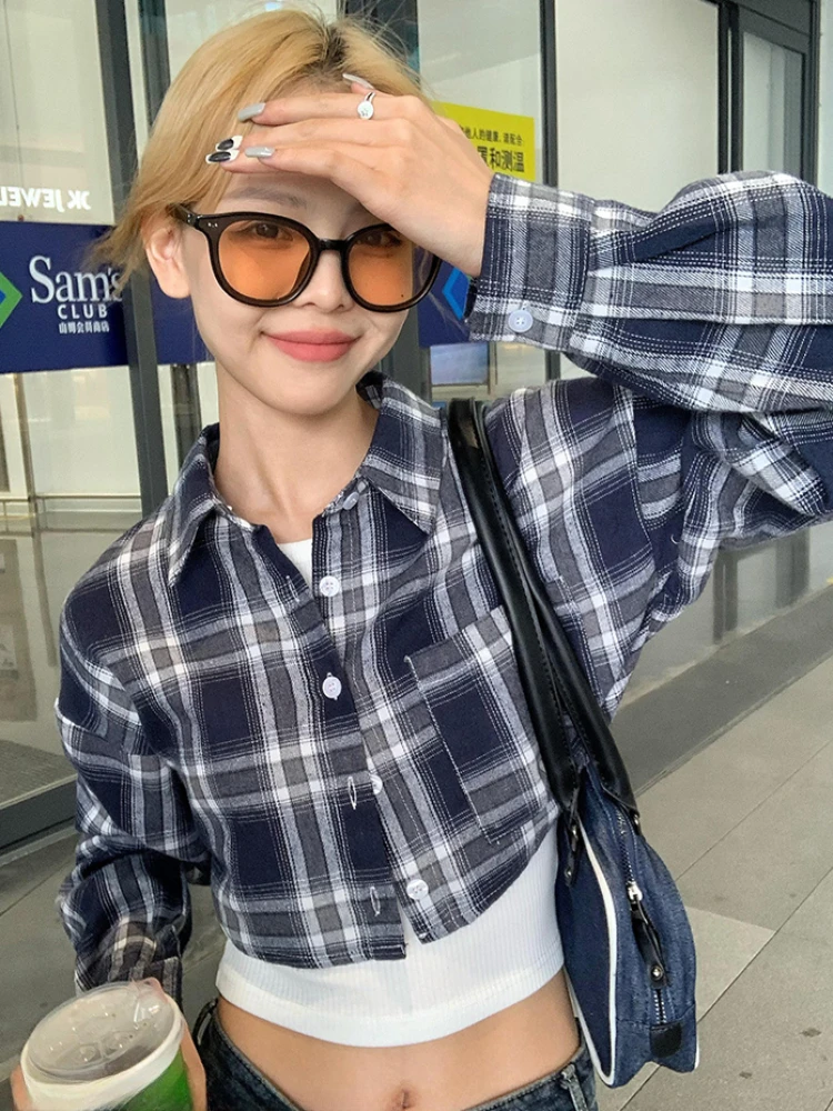 

ADAgirl Plaid Cropped Shirt for Women Long Sleeve Blouse Buttons Cardigans Korean Style 2023 New Spring Summer Clothes Trending