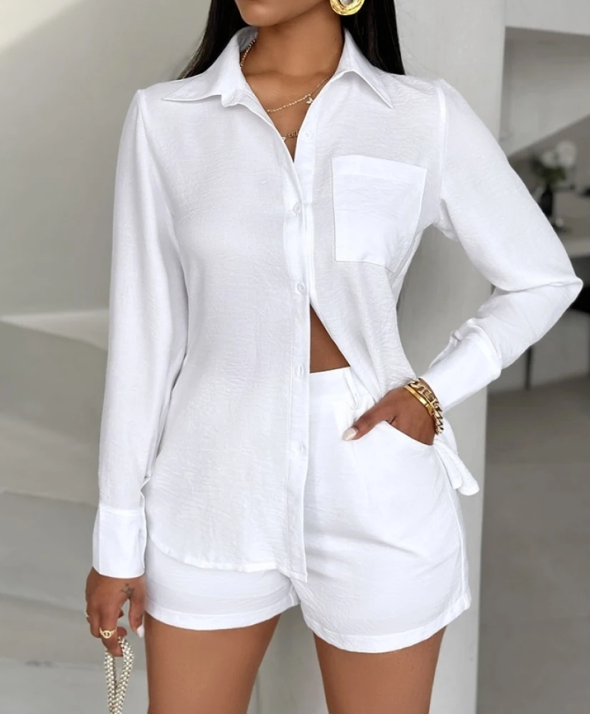 Solid Color 2 Piece Sets Women Outfit Spring Autumn Lapel Pocket Long Sleeve Shirt & Shorts Set Vacation Outfits Woman 2024