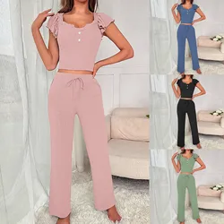 Women Pajama Set Women Casual Two-piece Set Women's Summer Pajamas Set with Low-cut V Neck Tank Top High Elastic Waist Trousers